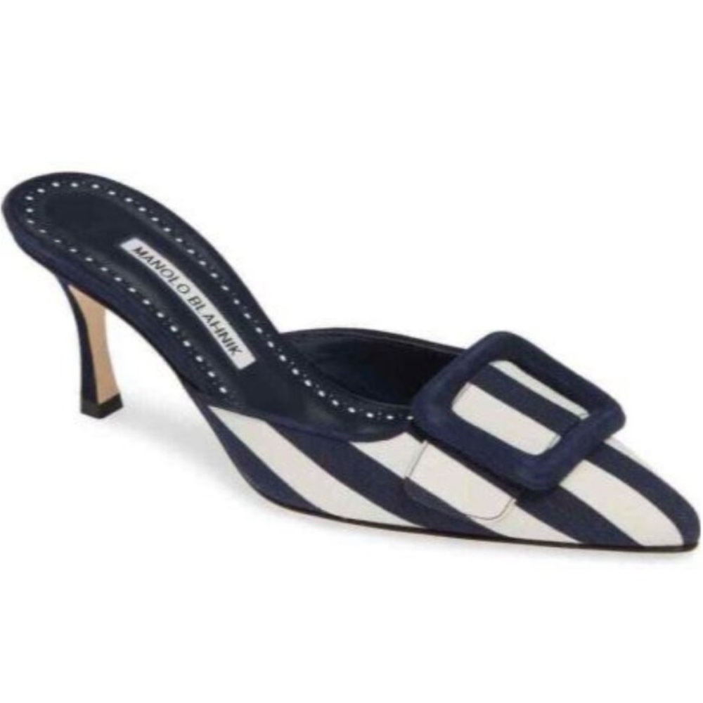 Rare Manolo Blahnik Maysale Blue & White Stripe Wide Strap Mules Si…